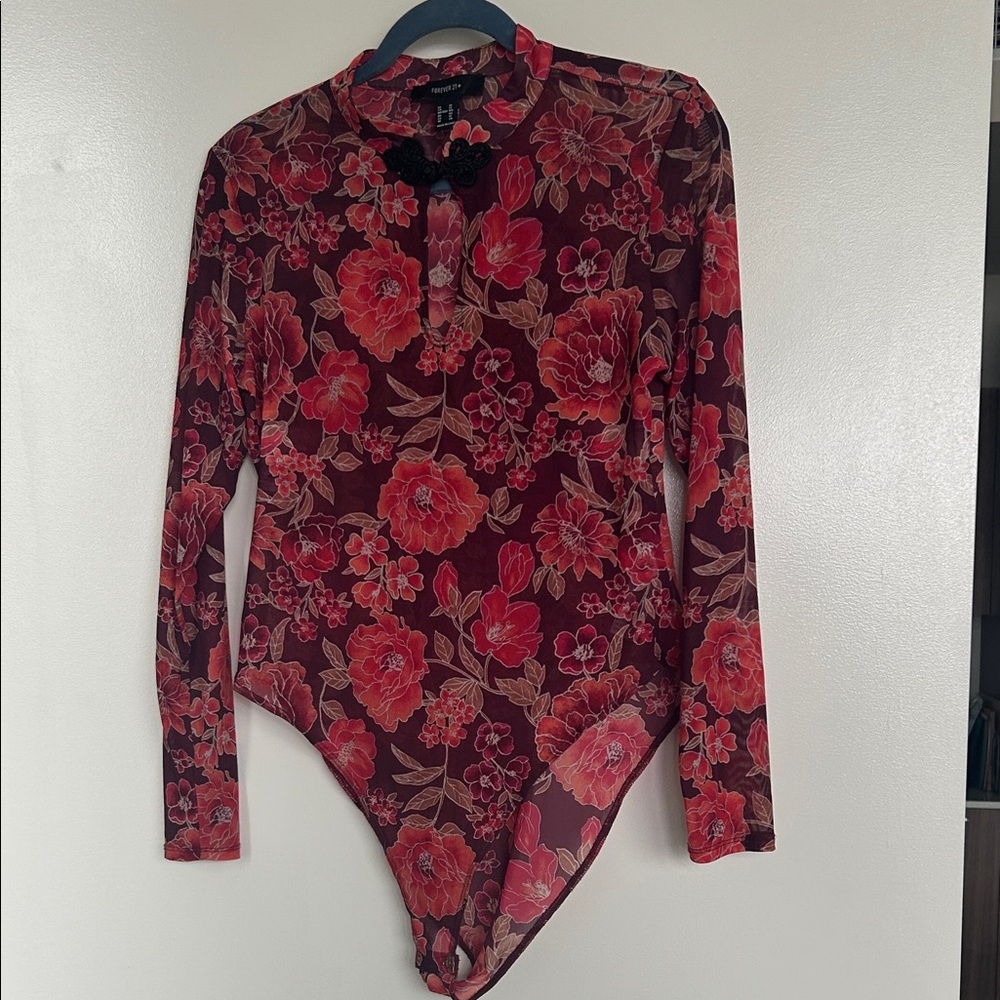 FOREVER 21 Red Floral Long Sleeve Bodysuit